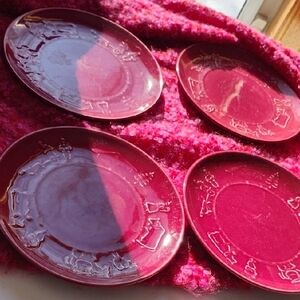 Vintage  CRANBERRY SALAD PLATES FARMHOUSE SCENE Design 8